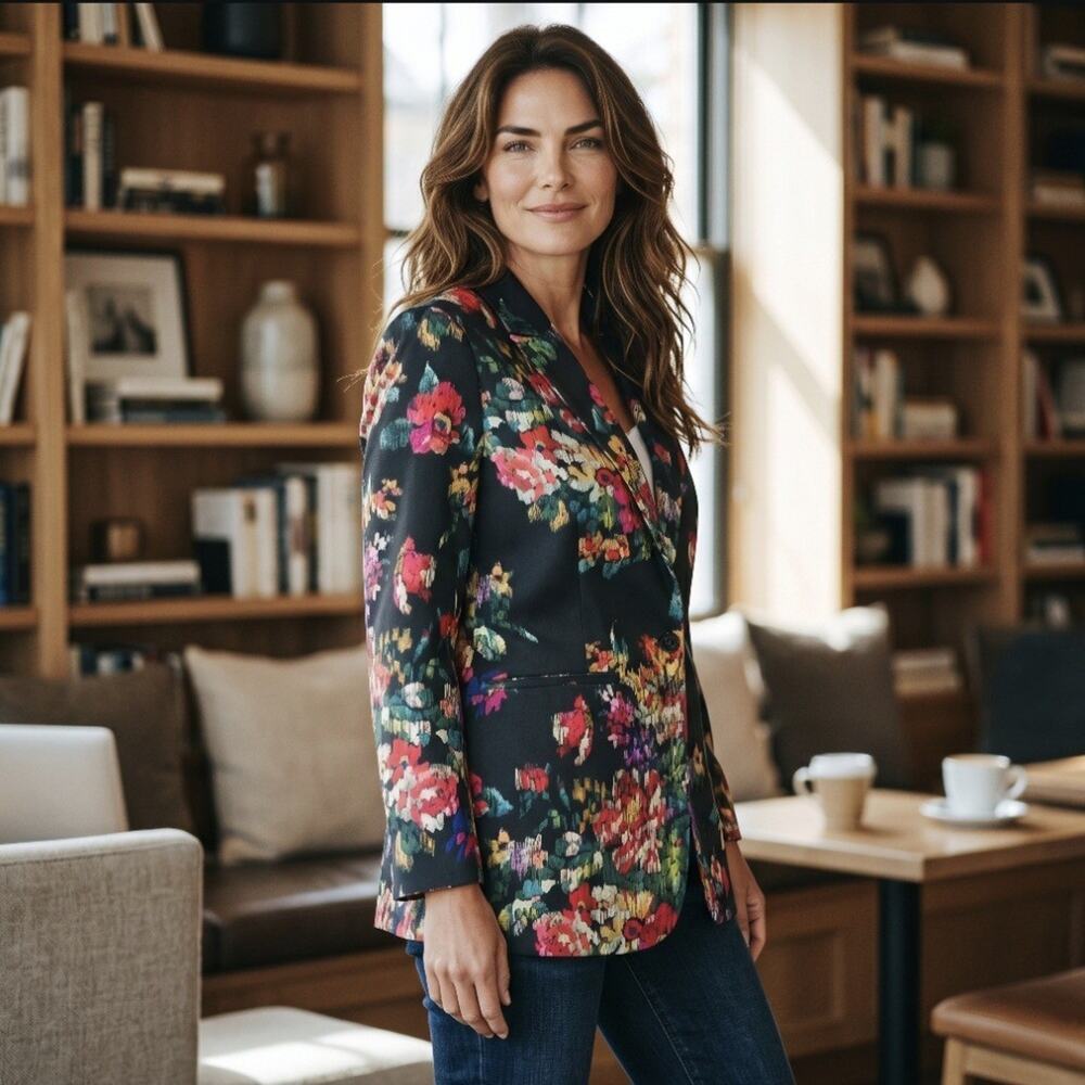 Liverpool Los Angeles Bouquet Floral Blazer Women's Large Open Front Jacket